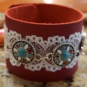 Red Leather and Lace Cuff bracelet with flowers